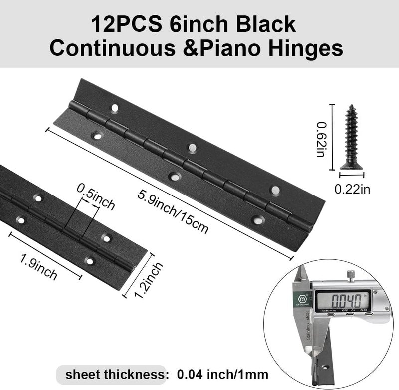 FVSEC 6 Pack 6 Inch Piano Hinge, Heavy Duty Continuous Hinge with Holes for Cabinets Boat Marine Door, 304 Stainless Steel 0.04" Leaf Thickness 1.2'' Open Width (Black) - Image 2